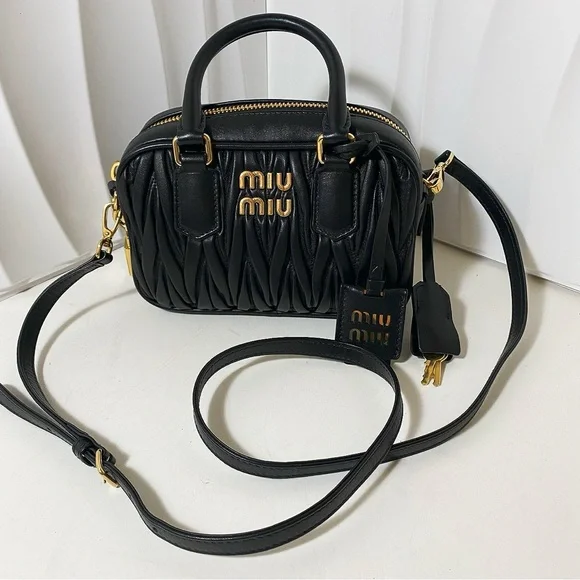 Miu Miu Matelassé Black Leather Bowling Bag - Picture 1 of 14